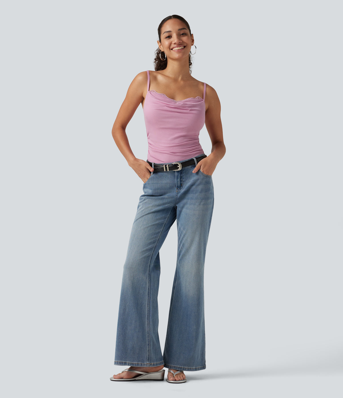 Ribbed Cowl Neck Contrast Lace Ruched Built-in Bra Casual Tank Top — Sweet Lilac — view 8