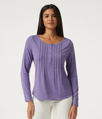 Boat Neck Pintuck Long Sleeve Curved Hem Casual Top — Light Purple Floral Yarn — view 4