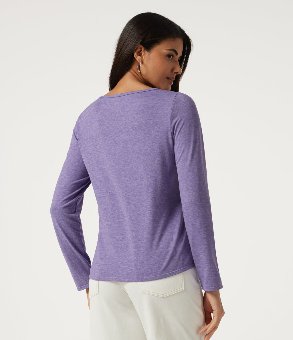 Boat Neck Pintuck Long Sleeve Curved Hem Casual Top — Light Purple Floral Yarn — view 2