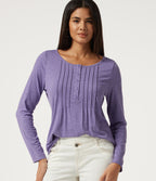 Boat Neck Pintuck Long Sleeve Curved Hem Casual Top — Light Purple Floral Yarn — view 1