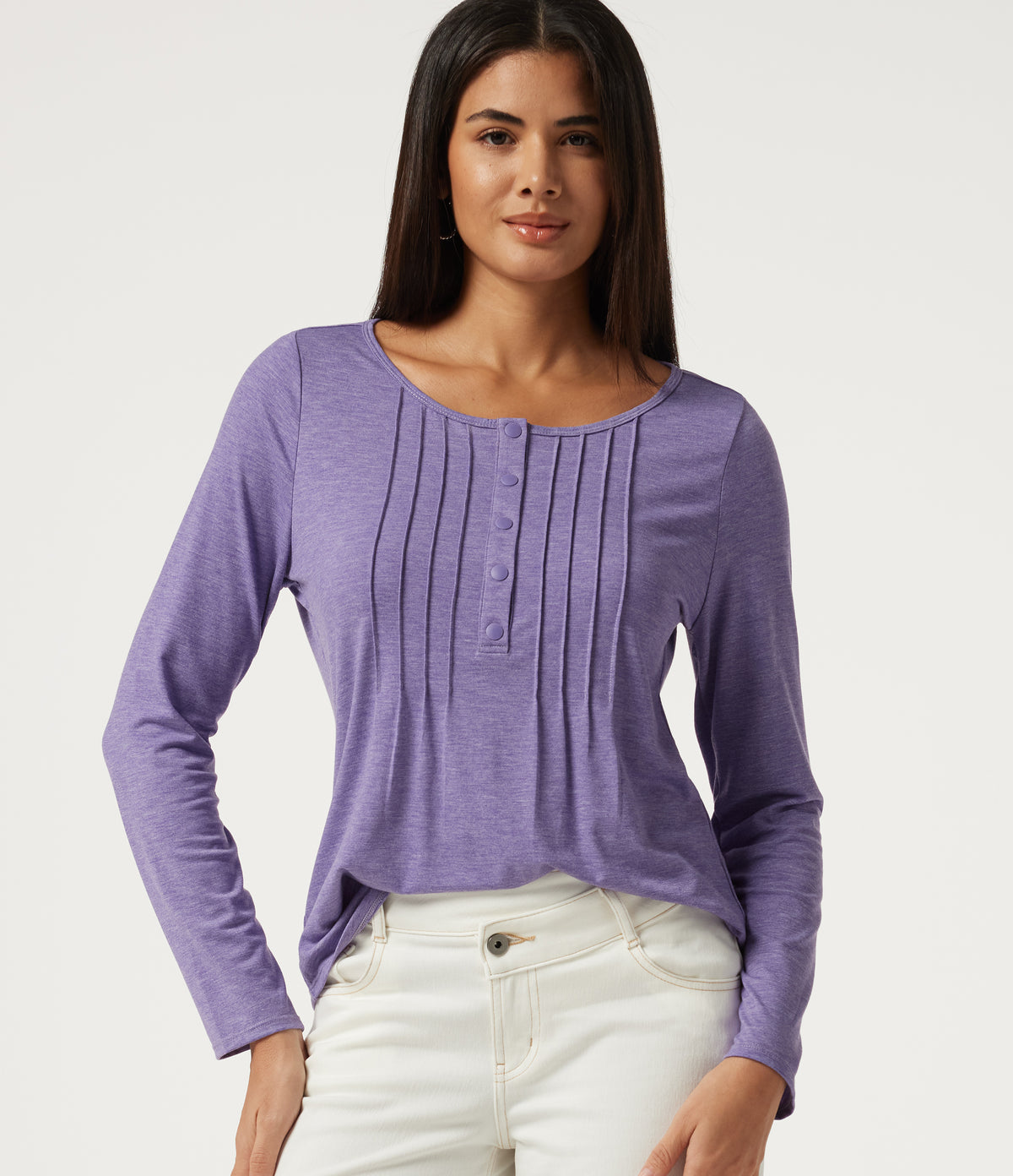 Boat Neck Pintuck Long Sleeve Curved Hem Casual Top — Light Purple Floral Yarn — view 1