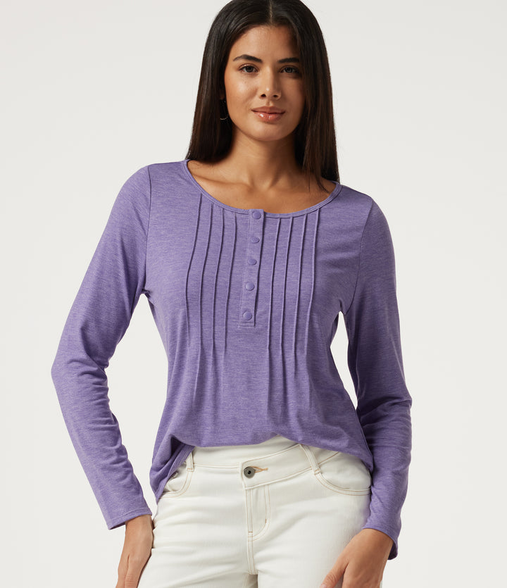 Boat Neck Pintuck Long Sleeve Curved Hem Casual Top — Light Purple Floral Yarn — view 1
