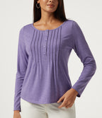 Boat Neck Pintuck Long Sleeve Curved Hem Casual Top — Light Purple Floral Yarn — view 5