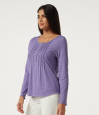 Boat Neck Pintuck Long Sleeve Curved Hem Casual Top — Light Purple Floral Yarn — view 3