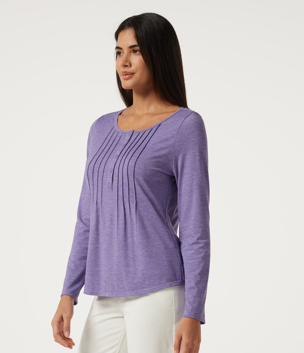 Boat Neck Pintuck Long Sleeve Curved Hem Casual Top — Light Purple Floral Yarn — view 3