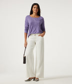 Boat Neck Pintuck Long Sleeve Curved Hem Casual Top — Light Purple Floral Yarn — view 7
