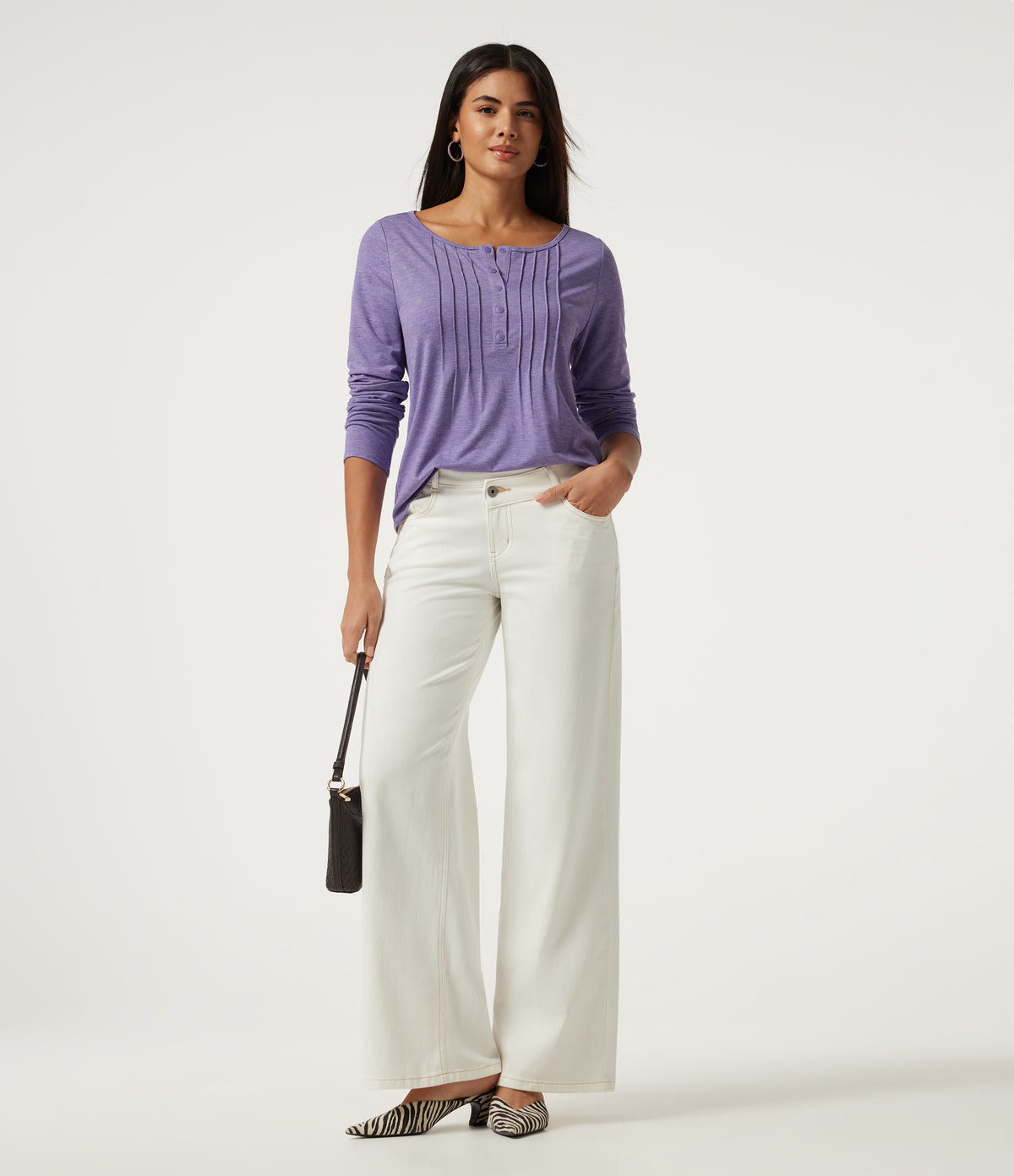 Boat Neck Pintuck Long Sleeve Curved Hem Casual Top — Light Purple Floral Yarn — view 7