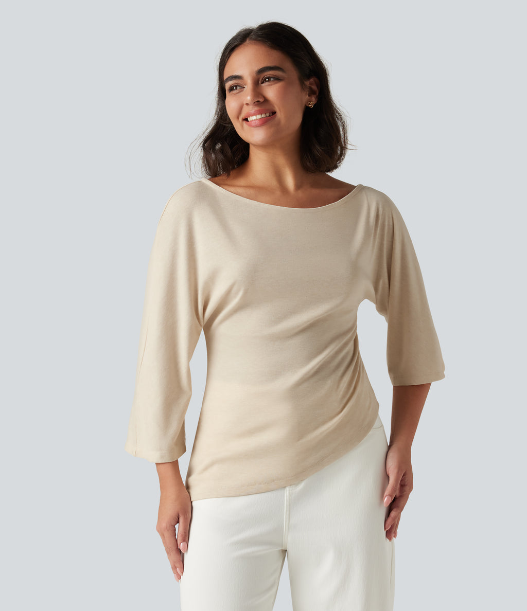 One Shoulder 3/4 Sleeve Ruched Casual Top — Whitecap Gray — view 4