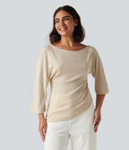 One Shoulder 3/4 Sleeve Ruched Casual Top — Whitecap Gray — view 4