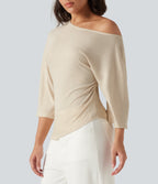 One Shoulder 3/4 Sleeve Ruched Casual Top — Whitecap Gray — view 5