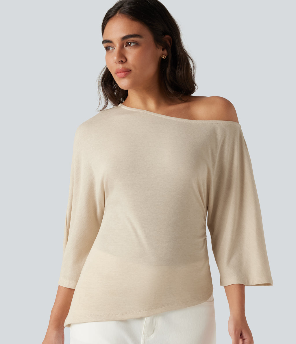 One Shoulder 3/4 Sleeve Ruched Casual Top — Whitecap Gray — view 1