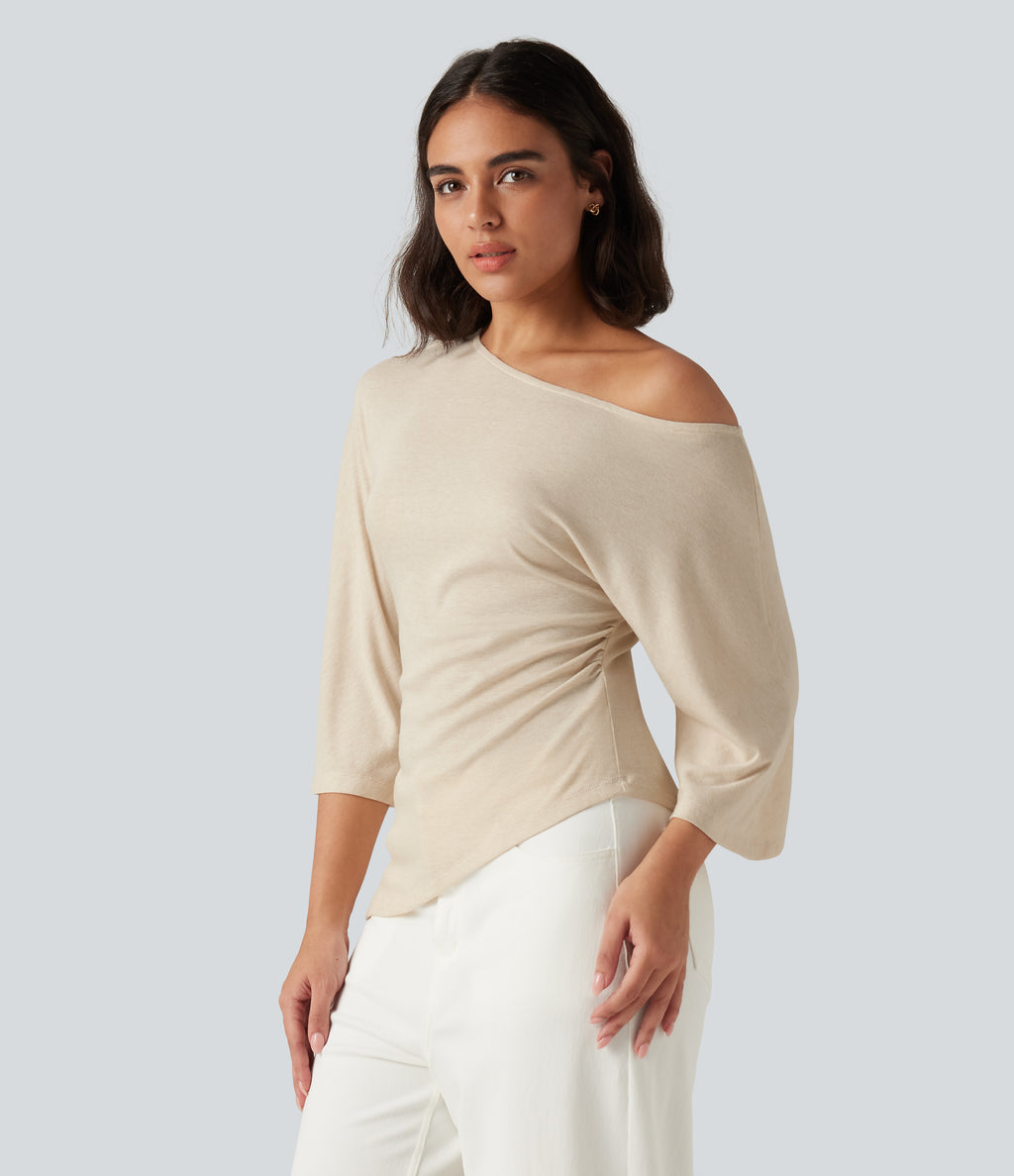 One Shoulder 3/4 Sleeve Ruched Casual Top — Whitecap Gray — view 3