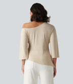 One Shoulder 3/4 Sleeve Ruched Casual Top — Whitecap Gray — view 2