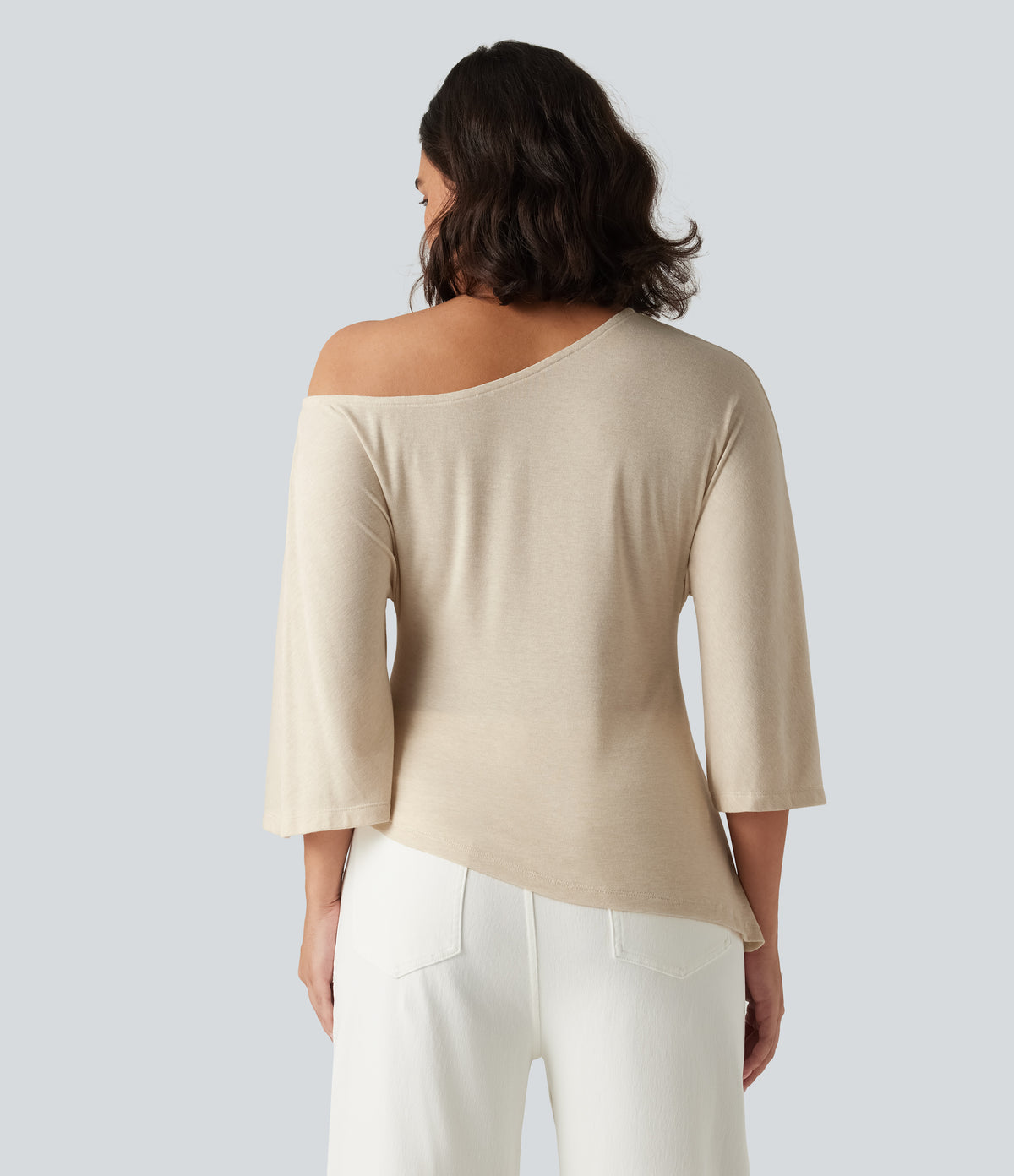 One Shoulder 3/4 Sleeve Ruched Casual Top — Whitecap Gray — view 2