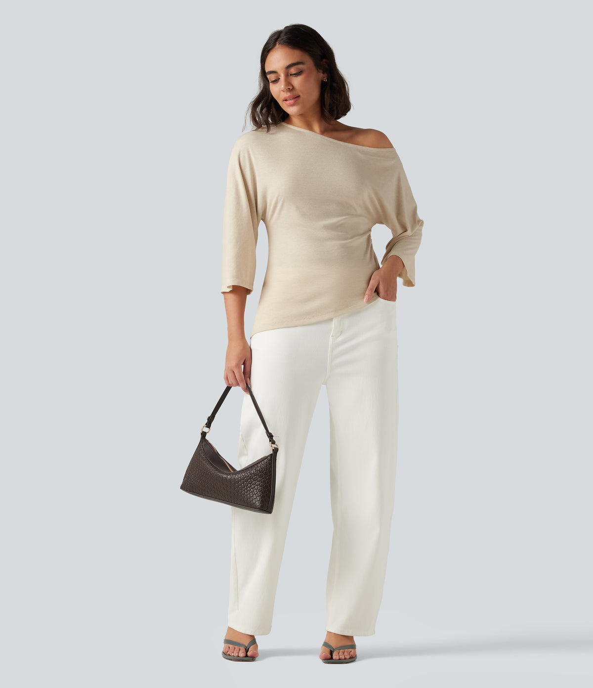 One Shoulder 3/4 Sleeve Ruched Casual Top — Whitecap Gray — view 7