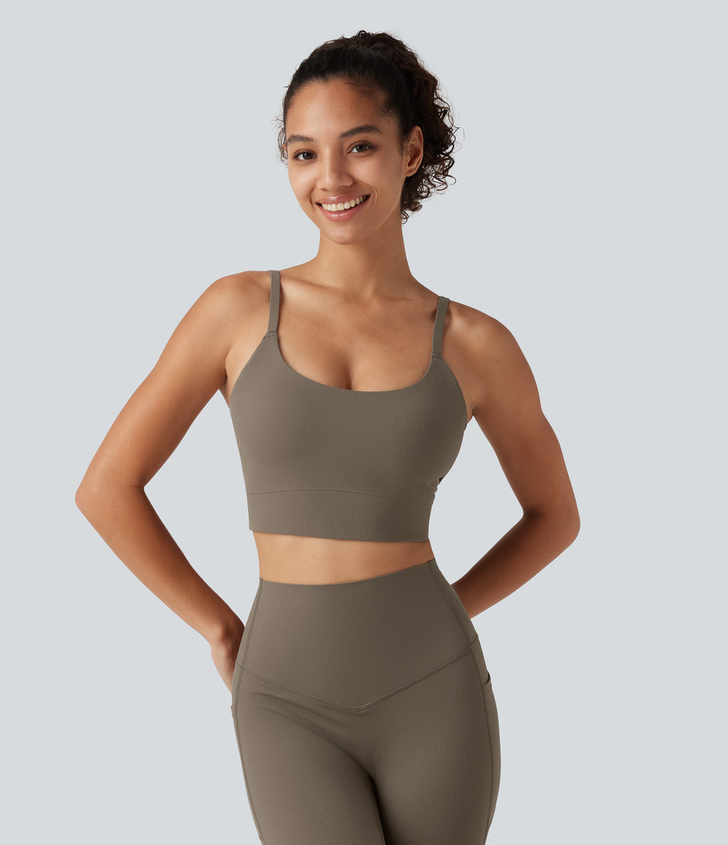 Ribbed Light Support U Neck Built-in Bra Yoga Tank Top — Dawn Brown — view 4