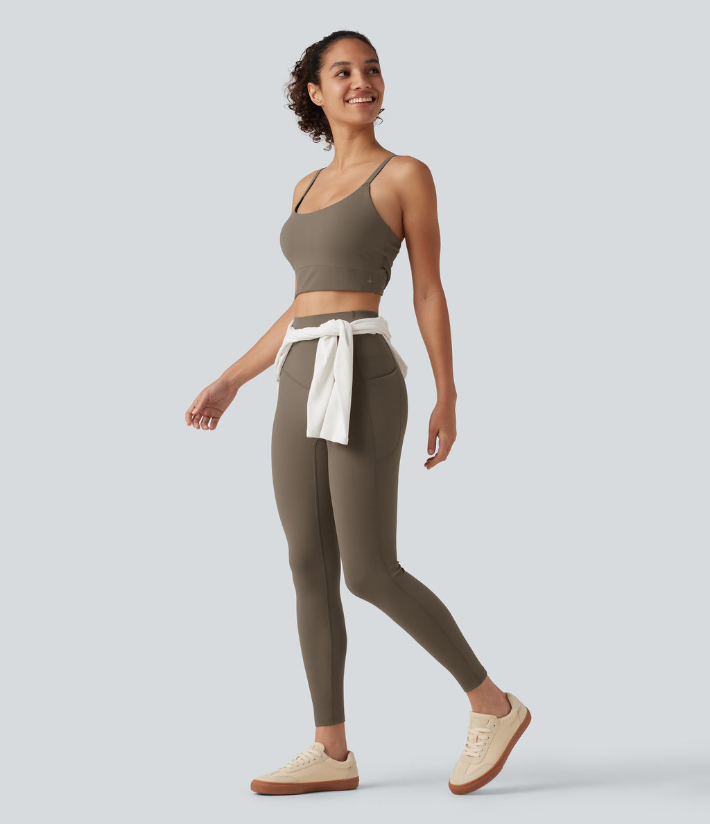Ribbed Light Support U Neck Built-in Bra Yoga Tank Top — Dawn Brown — view 6