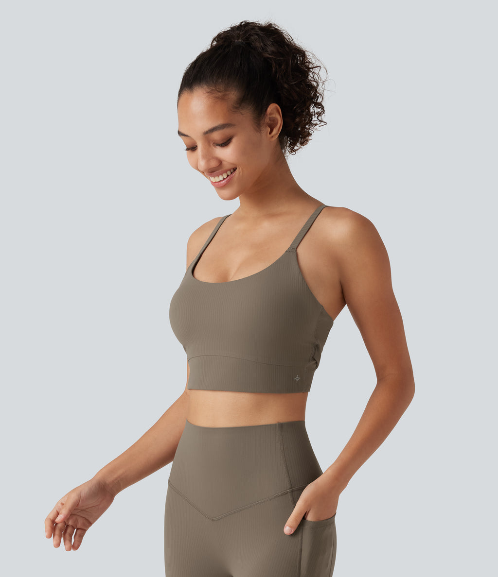 Ribbed Light Support U Neck Built-in Bra Yoga Tank Top — Dawn Brown — view 3