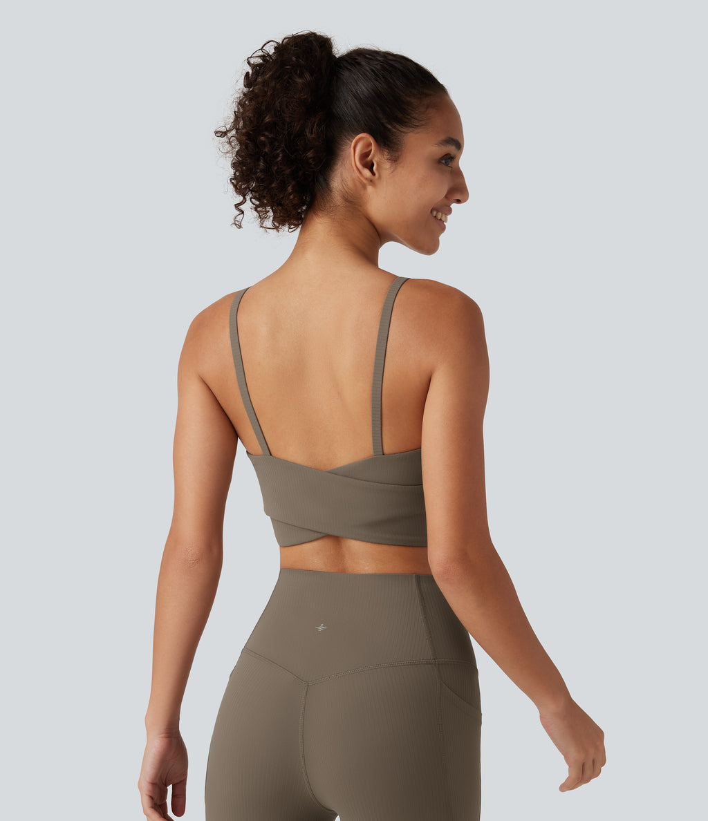 Ribbed Light Support U Neck Built-in Bra Yoga Tank Top — Dawn Brown — view 2
