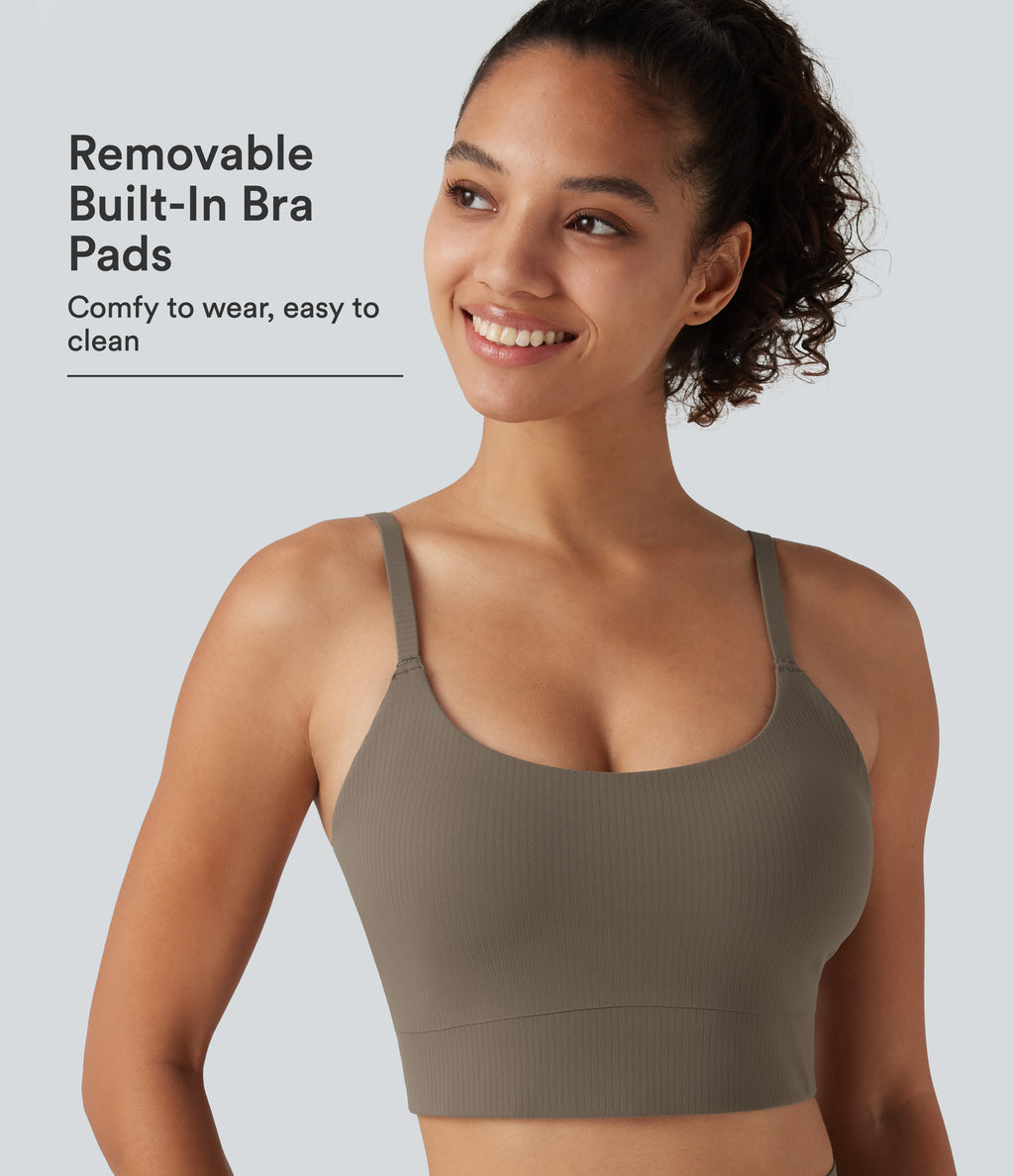 Ribbed Light Support U Neck Built-in Bra Yoga Tank Top — Dawn Brown — view 1