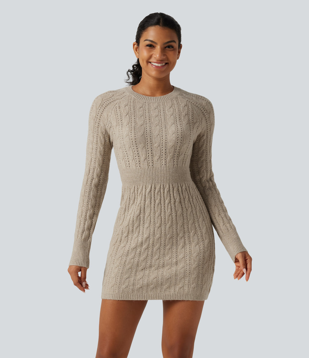 Round Neck Raglan Long Sleeve Bodycon Mini Casual Sweater Dress — Oatstone Beige — view 1