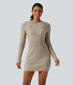 Round Neck Raglan Long Sleeve Bodycon Mini Casual Sweater Dress — Oatstone Beige — view 1