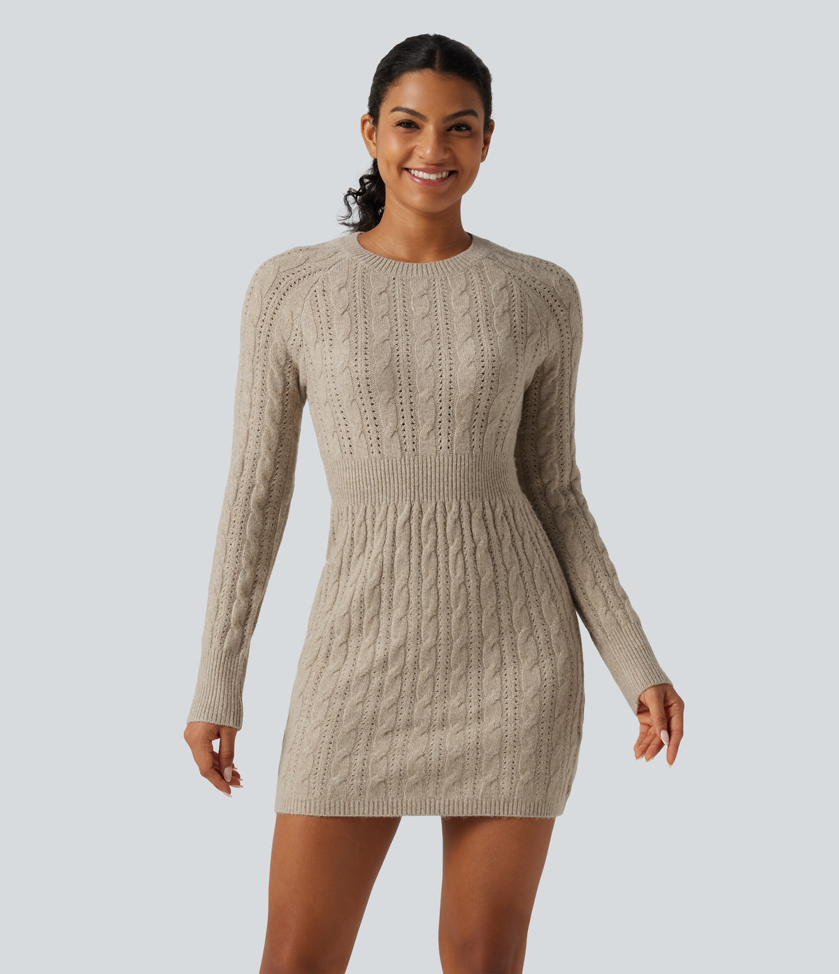 Round Neck Raglan Long Sleeve Bodycon Mini Casual Sweater Dress — Oatstone Beige — view 1