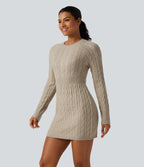 Round Neck Raglan Long Sleeve Bodycon Mini Casual Sweater Dress — Oatstone Beige — view 3