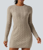 Round Neck Raglan Long Sleeve Bodycon Mini Casual Sweater Dress — Oatstone Beige — view 5