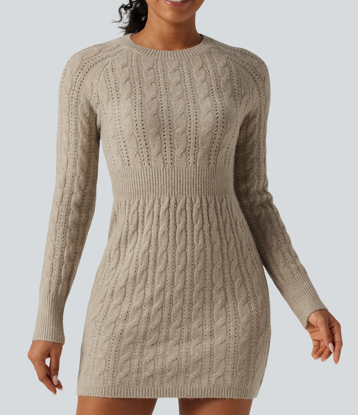 Round Neck Raglan Long Sleeve Bodycon Mini Casual Sweater Dress — Oatstone Beige — view 5