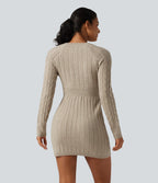 Round Neck Raglan Long Sleeve Bodycon Mini Casual Sweater Dress — Oatstone Beige — view 2
