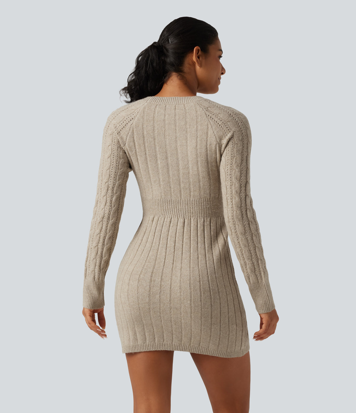 Round Neck Raglan Long Sleeve Bodycon Mini Casual Sweater Dress — Oatstone Beige — view 2