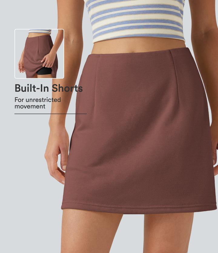 High Waisted 2-in-1 A Line Mini Casual Skirt with Pockets — Brown Stone — view 1