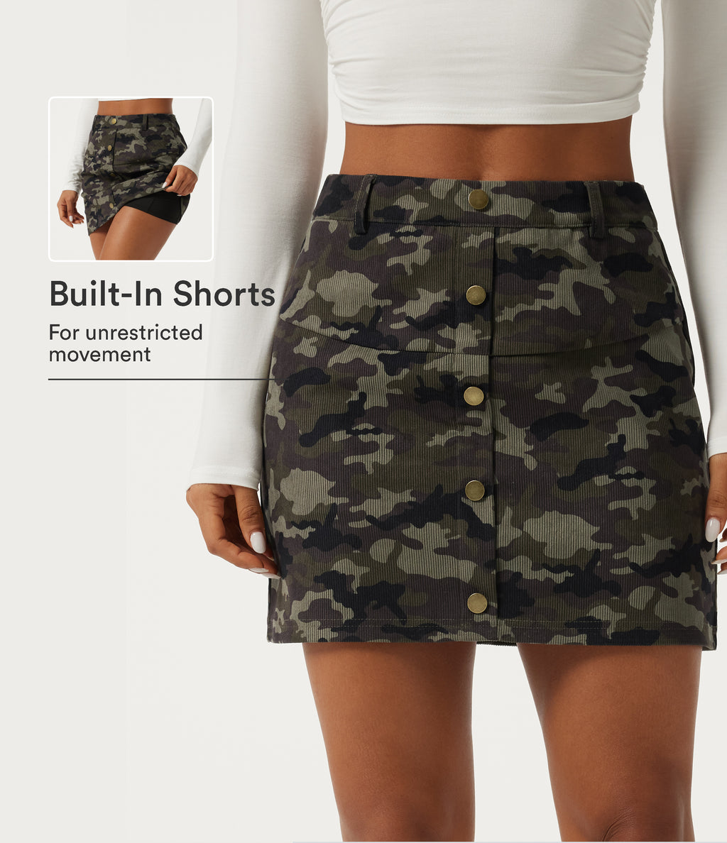 High Waisted Camo 2-in-1 A Line Mini Casual Skirt with Pocket — Heather Camo — view 1