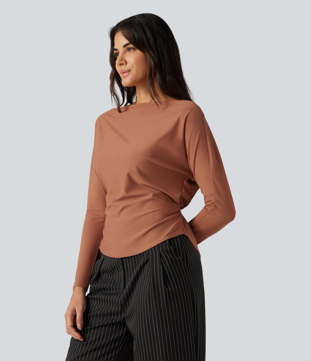 Boat Neck Batwing Long Sleeve Tie Back Curved Hem Casual Top — Rust Red — view 3