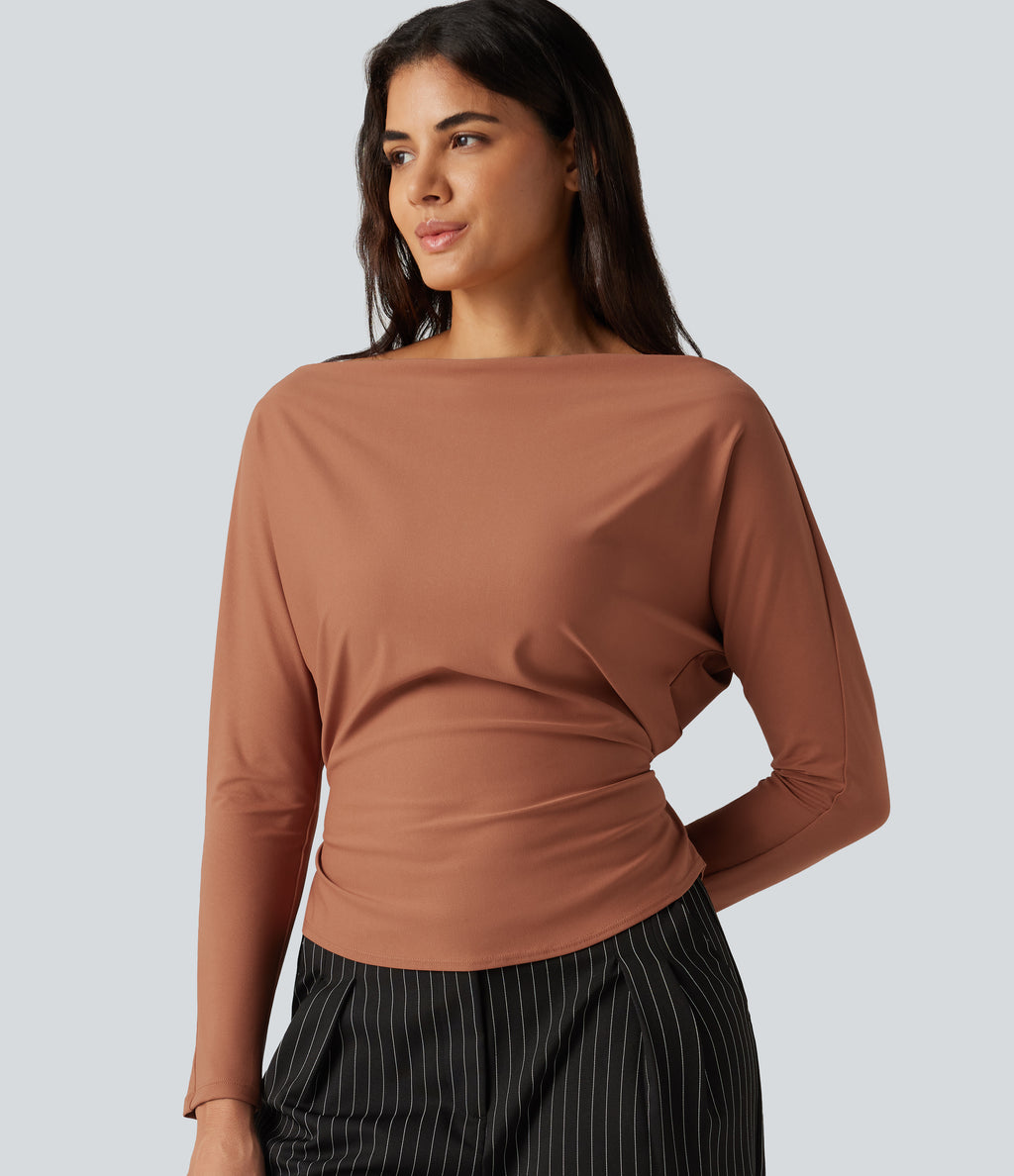 Boat Neck Batwing Long Sleeve Tie Back Curved Hem Casual Top — Rust Red — view 2