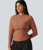 Boat Neck Batwing Long Sleeve Tie Back Curved Hem Casual Top — Rust Red — view 2