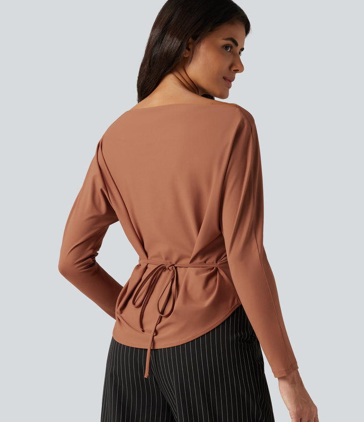 Boat Neck Batwing Long Sleeve Tie Back Curved Hem Casual Top — Rust Red — view 1