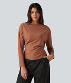 Boat Neck Batwing Long Sleeve Tie Back Curved Hem Casual Top — Rust Red — view 4