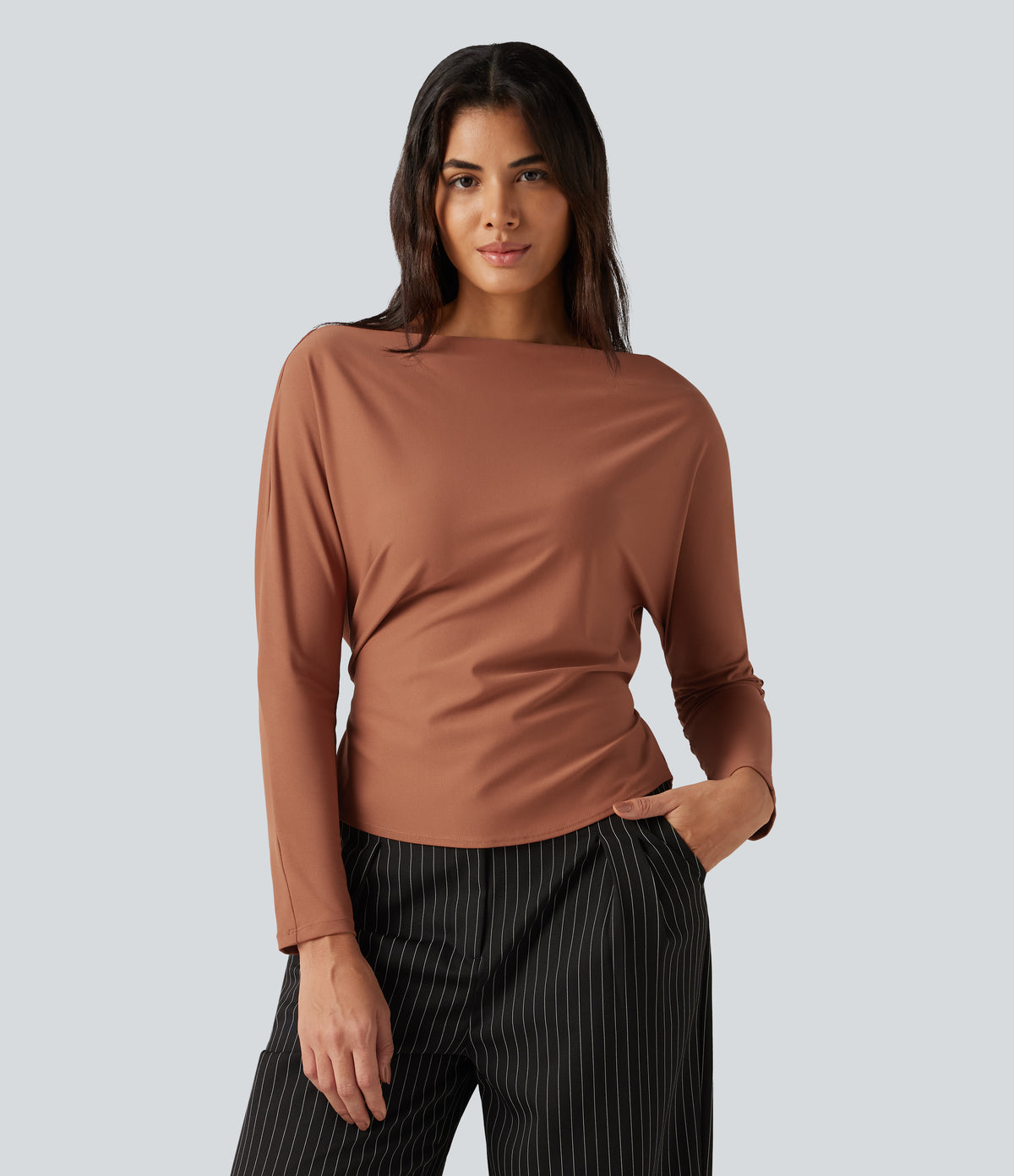 Boat Neck Batwing Long Sleeve Tie Back Curved Hem Casual Top — Rust Red — view 4