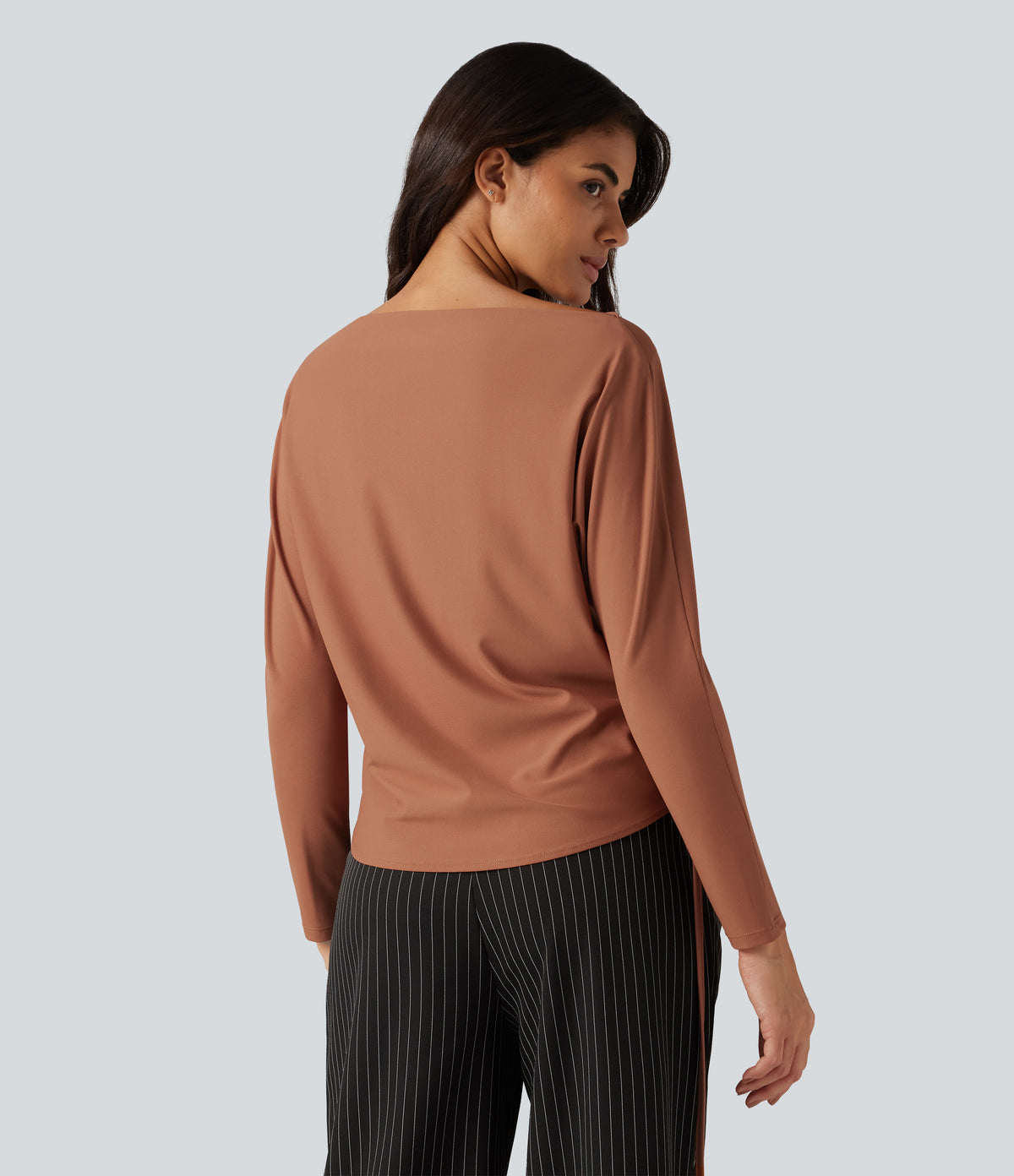 Boat Neck Batwing Long Sleeve Tie Back Curved Hem Casual Top — Rust Red — view 5