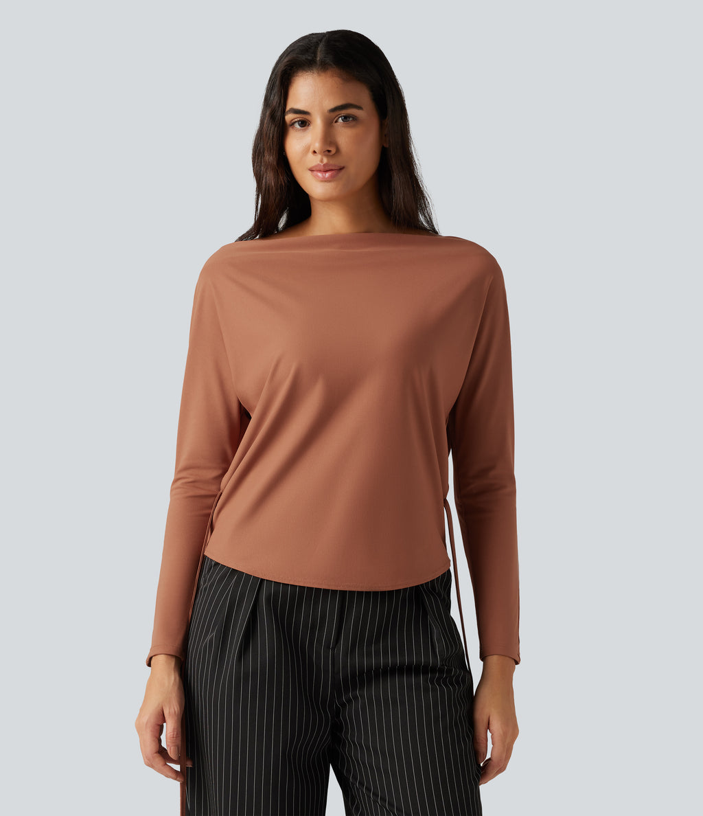 Boat Neck Batwing Long Sleeve Tie Back Curved Hem Casual Top — Rust Red — view 6