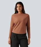 Boat Neck Batwing Long Sleeve Tie Back Curved Hem Casual Top — Rust Red — view 6
