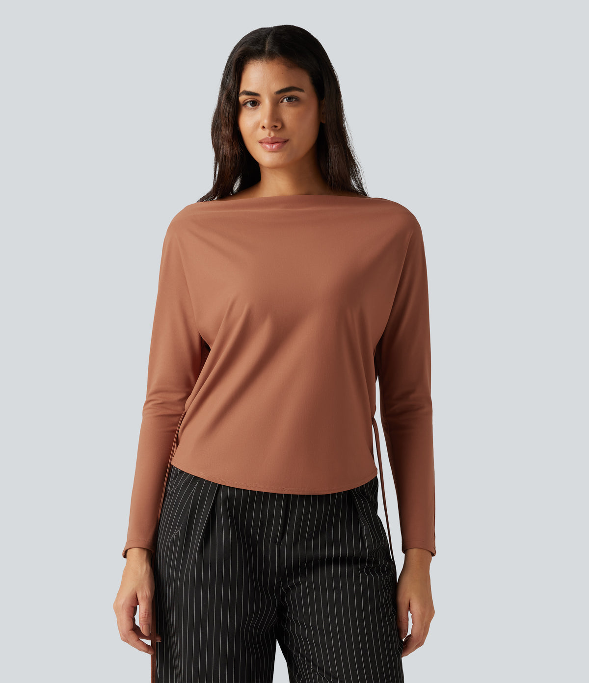 Boat Neck Batwing Long Sleeve Tie Back Curved Hem Casual Top — Rust Red — view 6