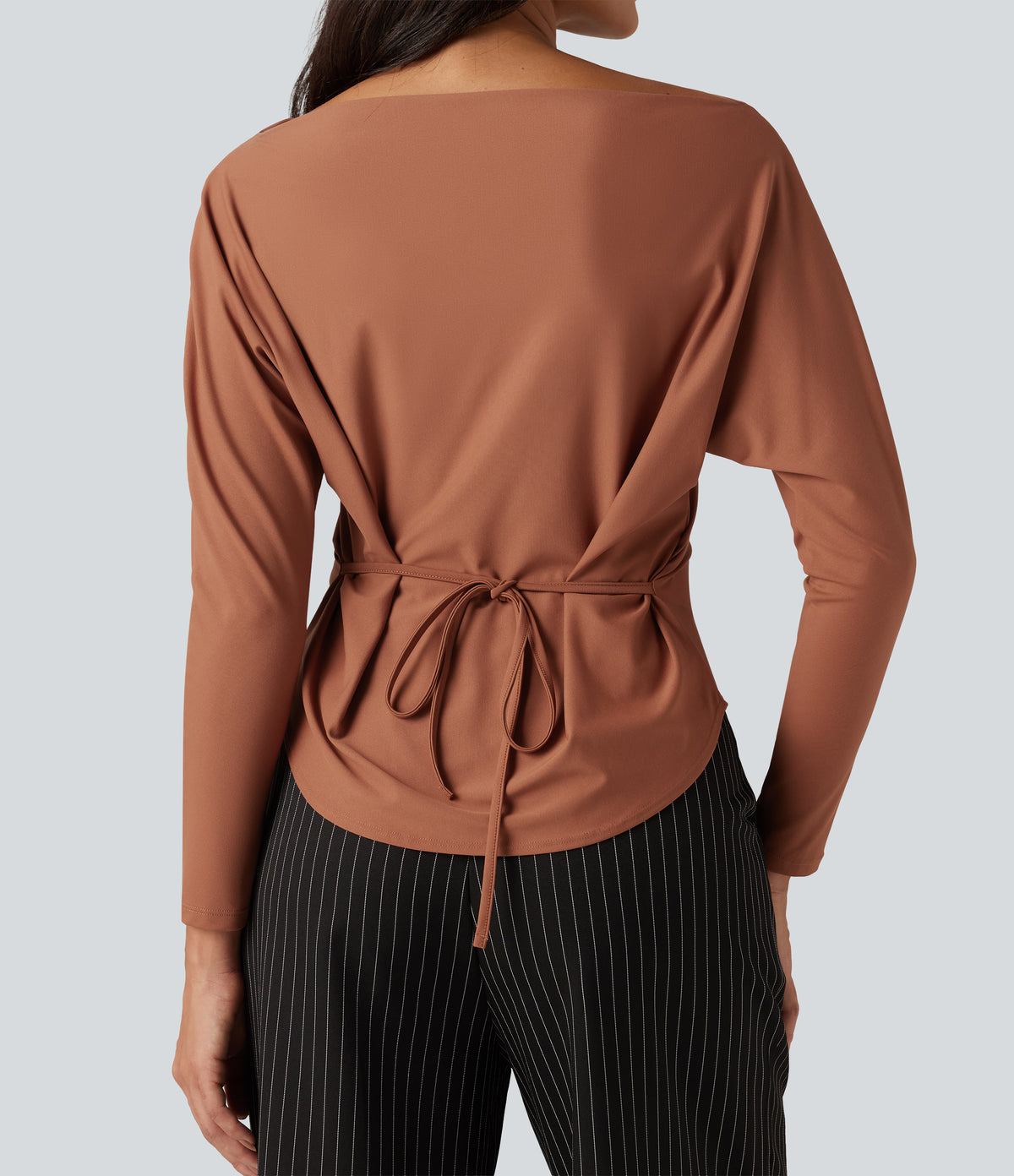 Boat Neck Batwing Long Sleeve Tie Back Curved Hem Casual Top — Rust Red — view 7