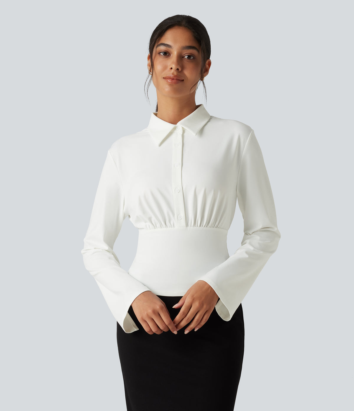 Flounce Long Sleeve Work Shirt — White — view 4