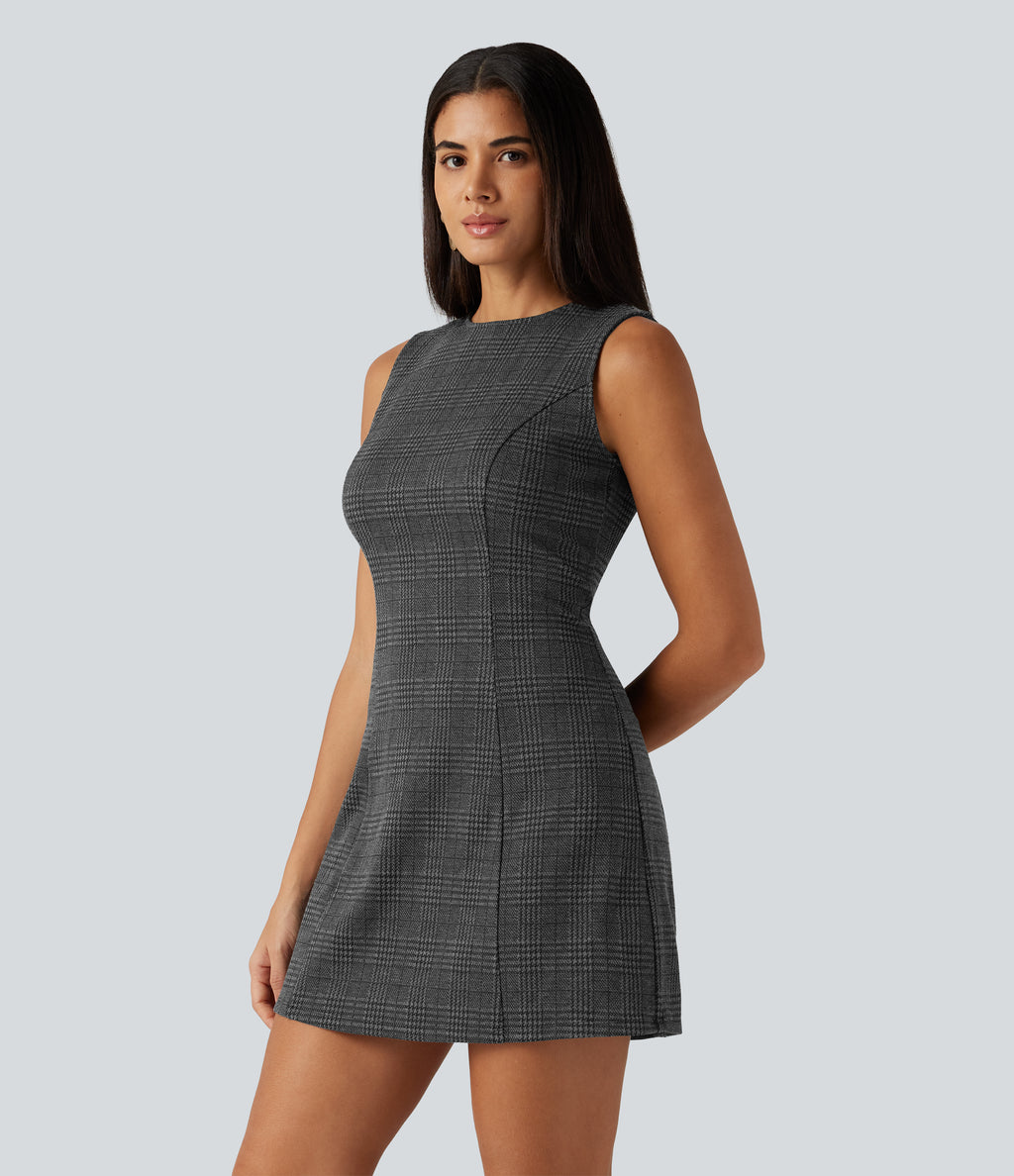 Round Neck Sleeveless Houndstooth Plaid Mini Work Dress — Charcoal Black Houndstooth Plaid — view 3