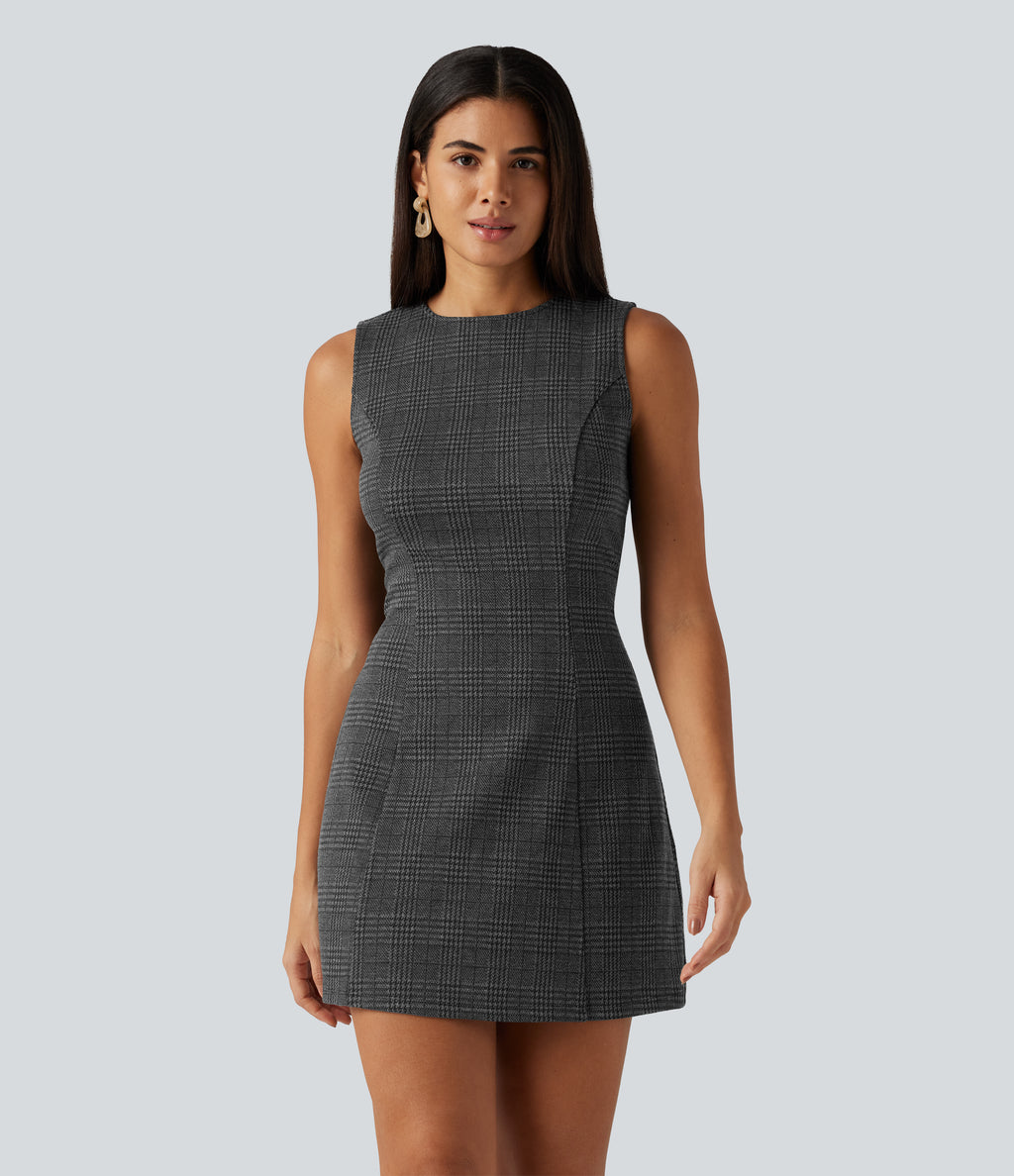 Round Neck Sleeveless Houndstooth Plaid Mini Work Dress — Charcoal Black Houndstooth Plaid — view 1