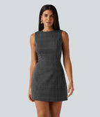 Round Neck Sleeveless Houndstooth Plaid Mini Work Dress — Charcoal Black Houndstooth Plaid — view 1