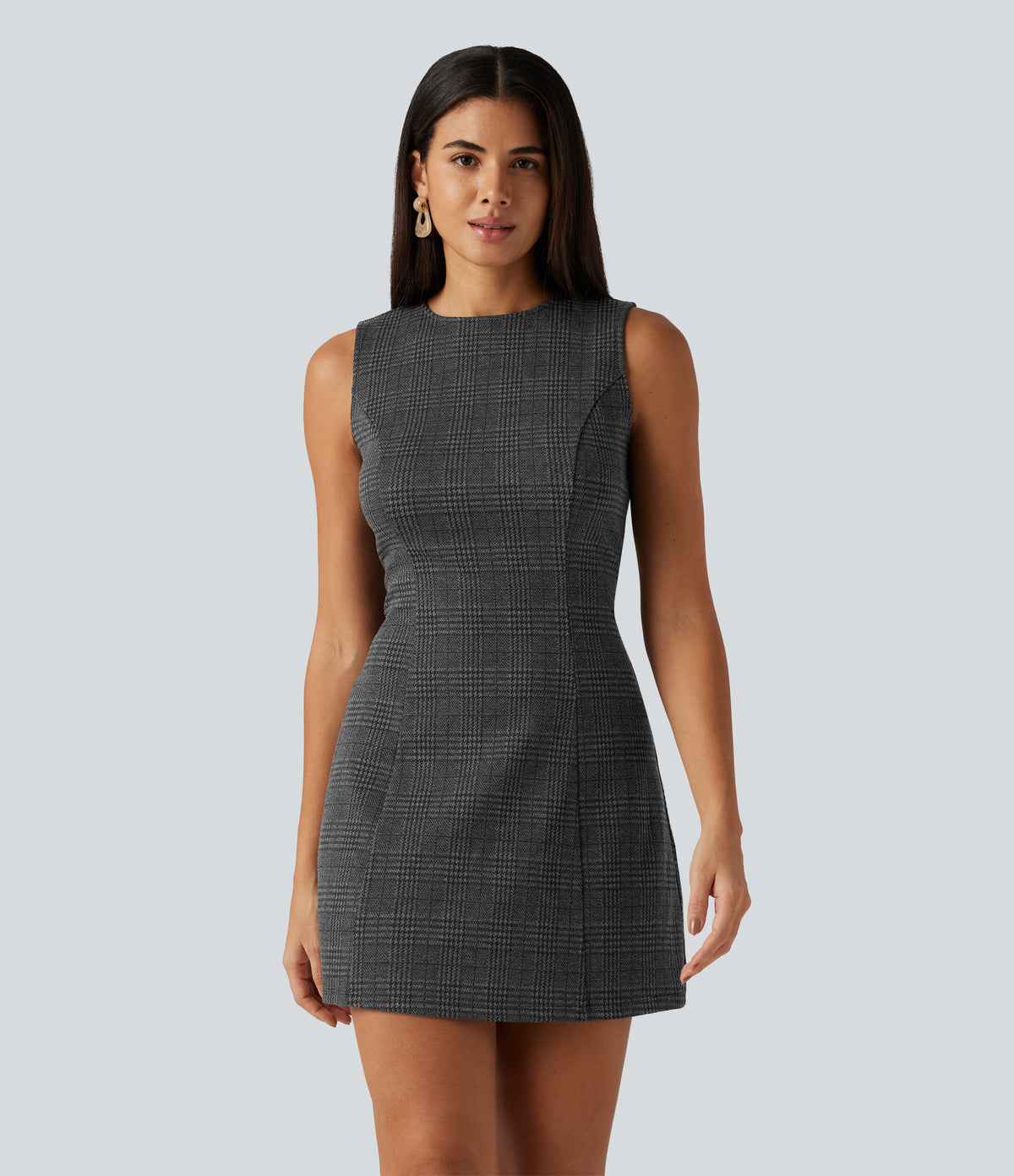 Round Neck Sleeveless Houndstooth Plaid Mini Work Dress — Charcoal Black Houndstooth Plaid — view 1